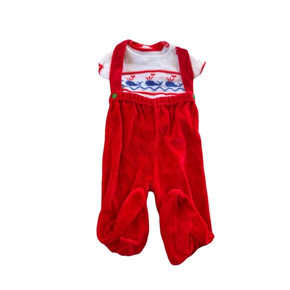 Vintage Baby Boy Outfit 0-6mo Nautical Sweater Overalls Whales 80's Red Acrylic - Picture 9 of 10